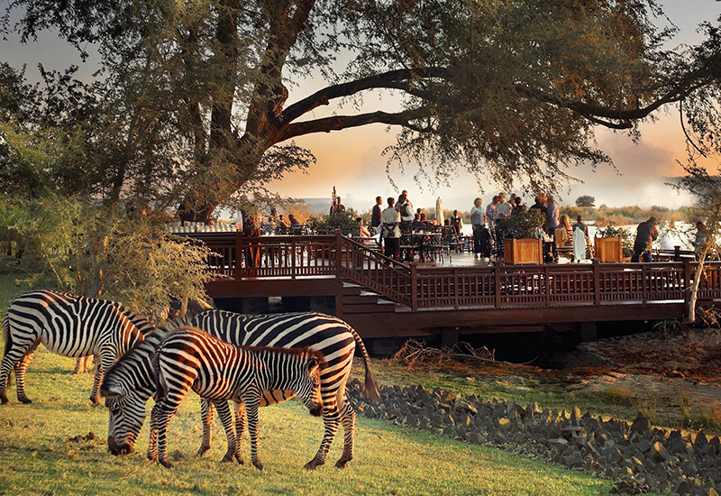 Deck at the Royal Livingstone Hotel with views of Zambezi River 