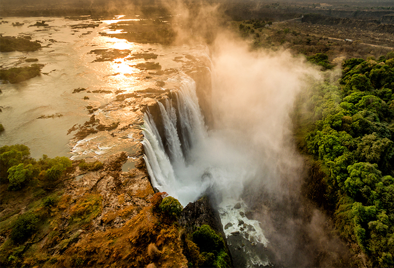 Aerial view of Victoria Falls during flood season: fly-in safari tours