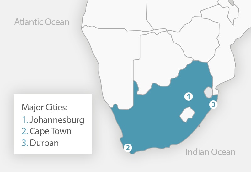 Major cities in South Africa 