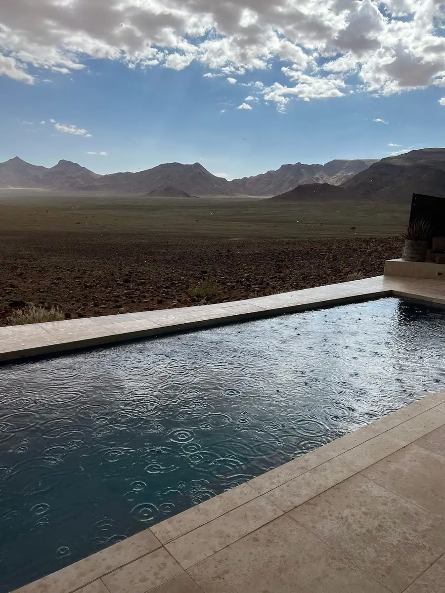 Our UK guests traveled by private flights from Windhoek to Sossusvlei and Swakopmund. At &Beyond Sossusvlei Desert Lodge, they enjoyed stunning desert views, cycling, quad biking, and the rare sight of desert rain—the first in 10 years.