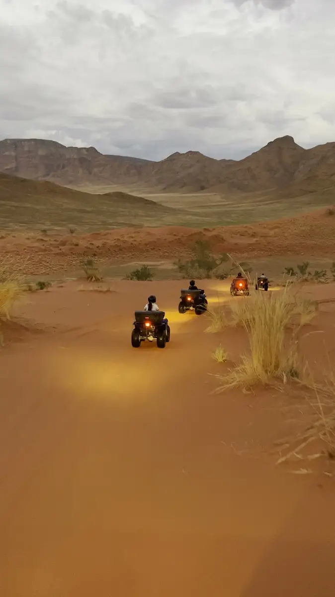 Our UK guests traveled by private flights from Windhoek to Sossusvlei and Swakopmund. At &Beyond Sossusvlei Desert Lodge, they enjoyed stunning desert views, cycling, quad biking, and the rare sight of desert rain—the first in 10 years